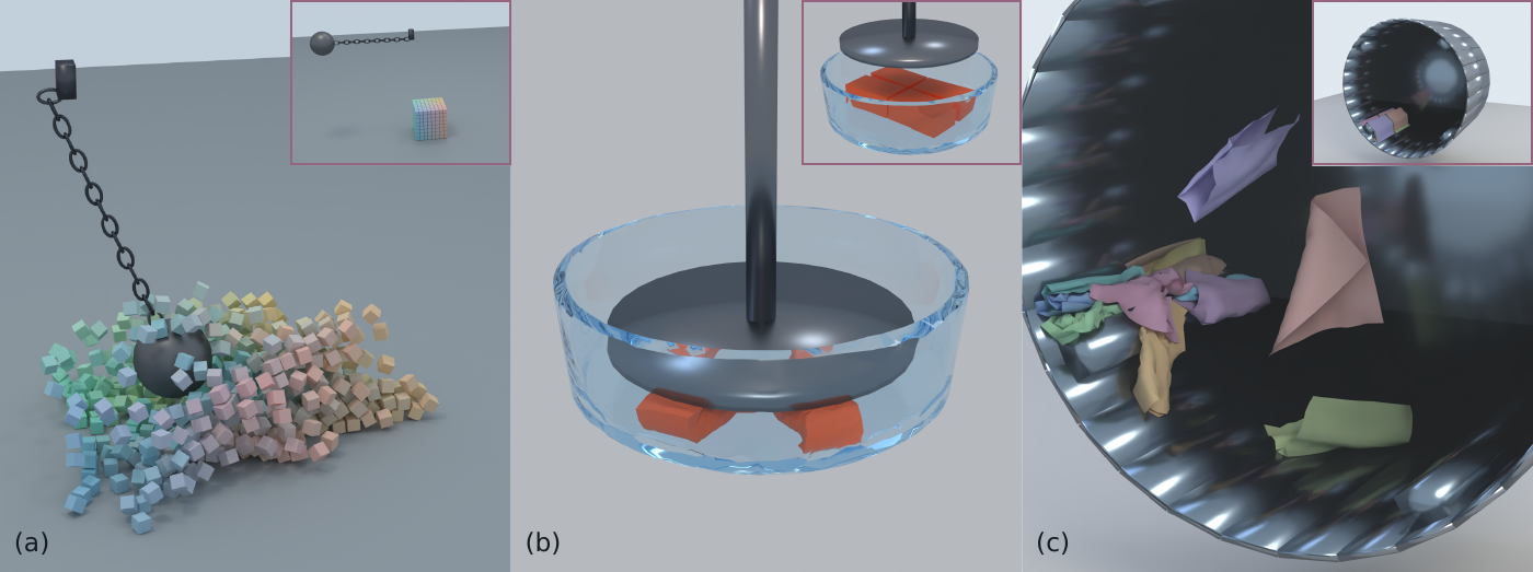 Text2Sim examples of rigid-body, deformable, and cloth simulations